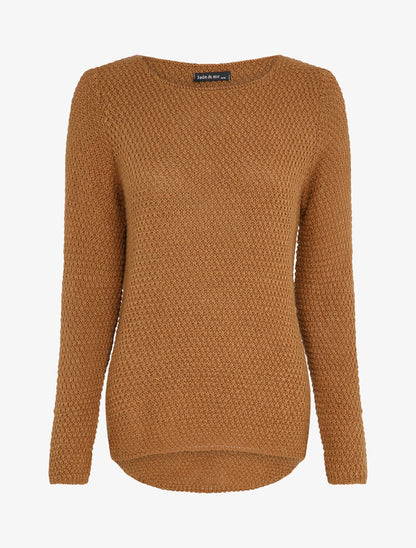 Pull long à dos en maille ajourée - Camel - 4