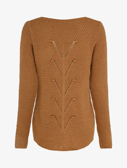 Pull long à dos en maille ajourée - Camel - 2