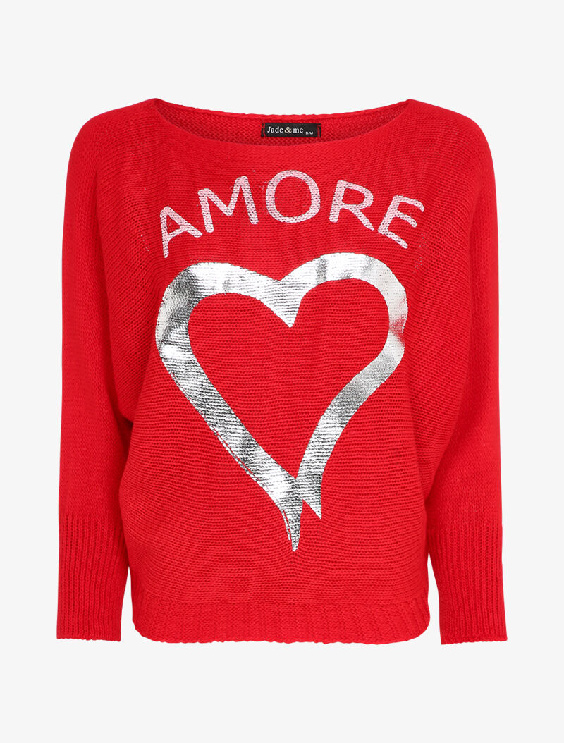 Pull à col bateau à motifs coeur et inscription lamés - Rouge - 1