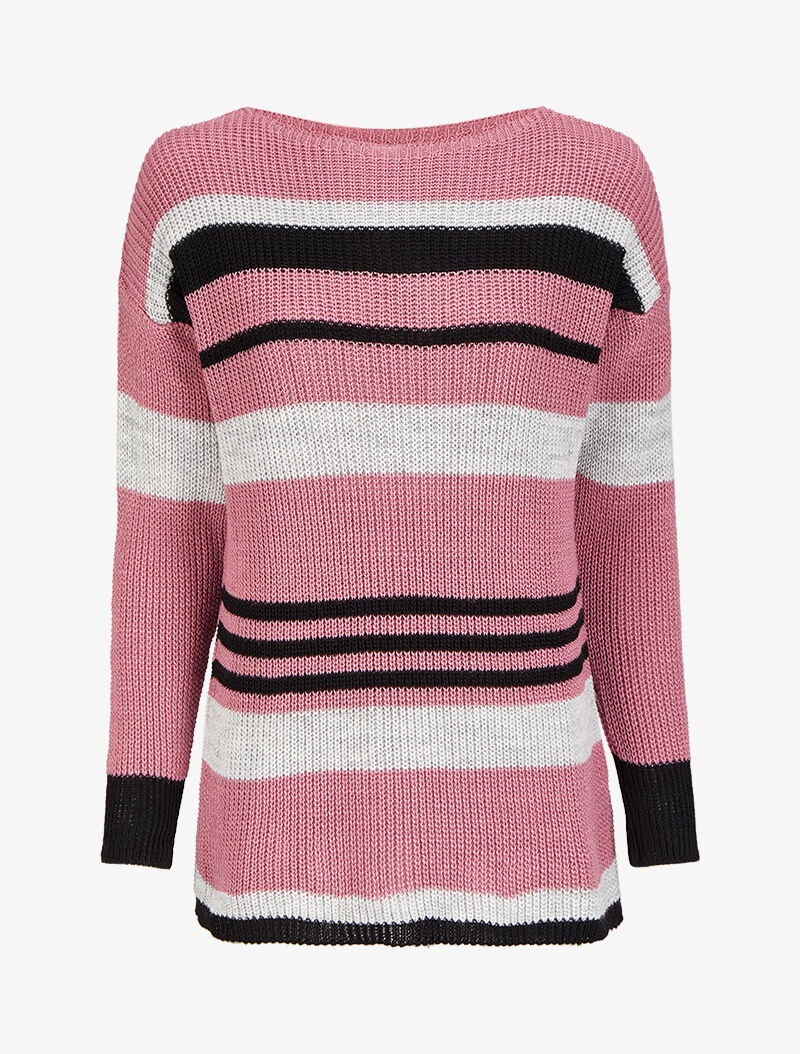 Pull à rayures et col bateau - Vieux rose - 1