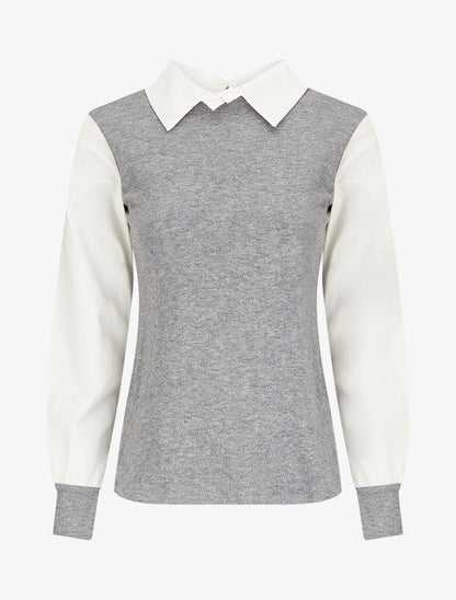 Pull à col et manches style chemise - Gris chiné - 1