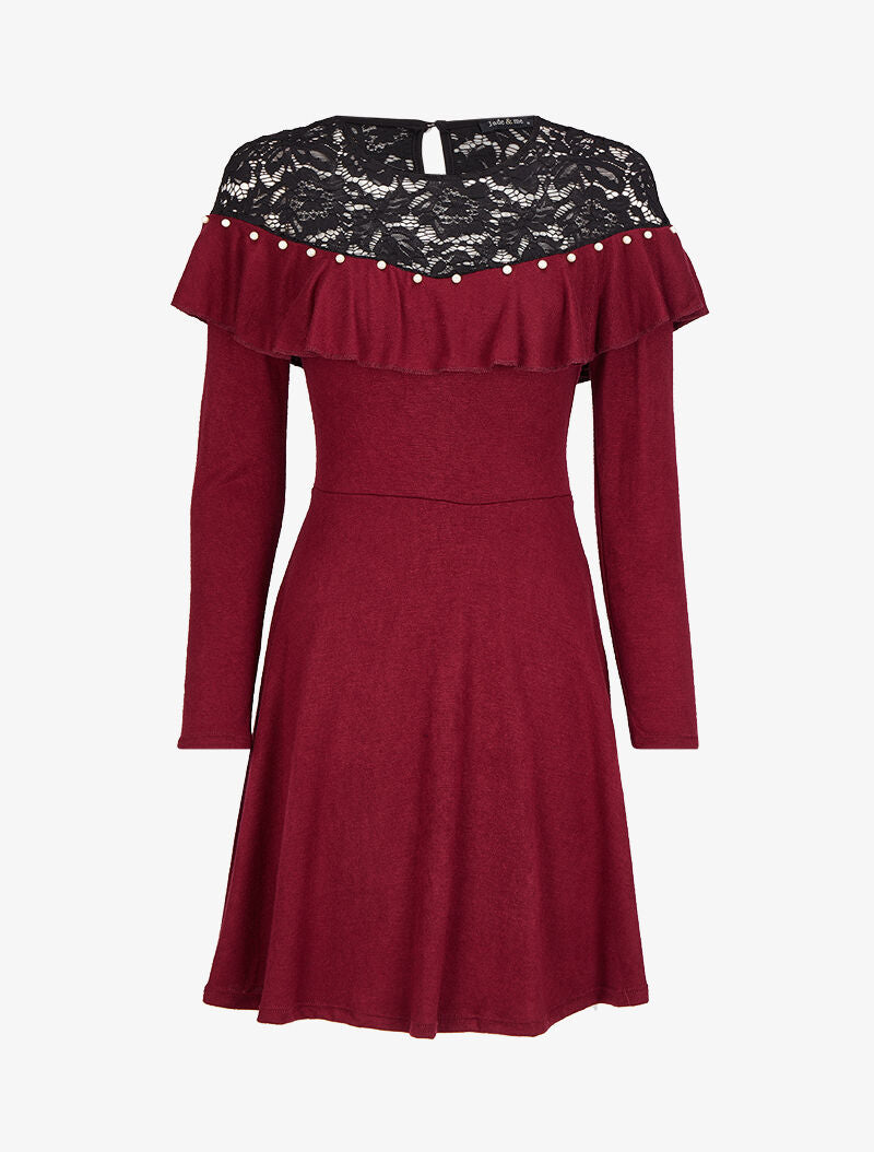 Robe patineuse à épaules en dentelle à volants - Bordeaux - 4
