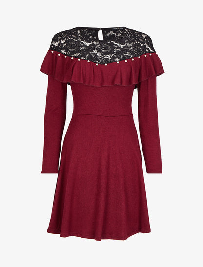 Robe patineuse à épaules en dentelle à volants - Bordeaux - 4
