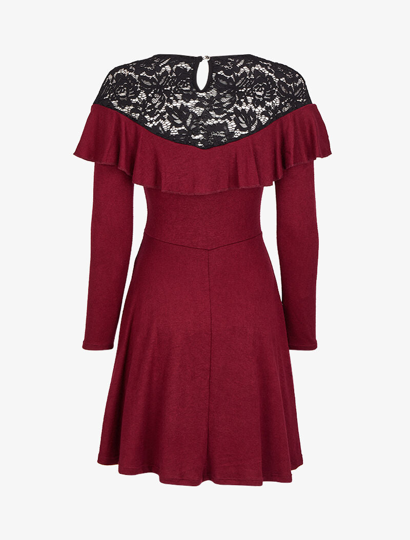 Robe patineuse à épaules en dentelle à volants - Bordeaux - 2