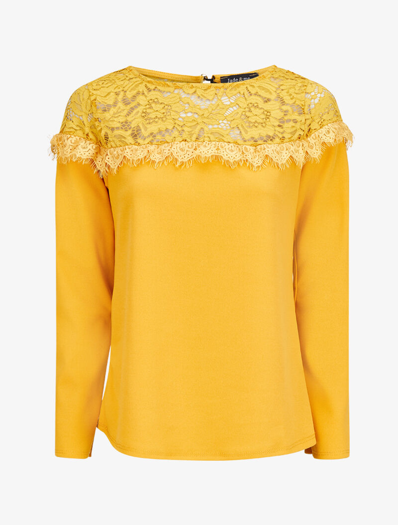 Blouse à épaules en dentelle et manches longues - Moutarde - 1