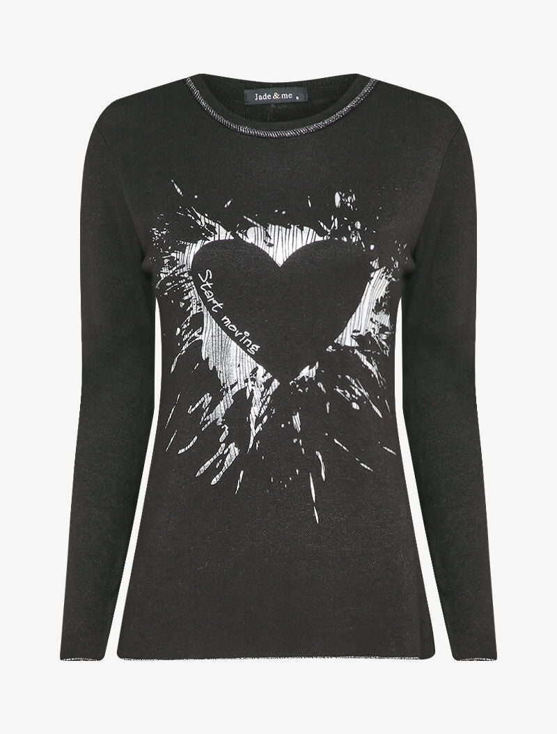 Pull fin à motif coeur irisé et dos long - Noir - 1
