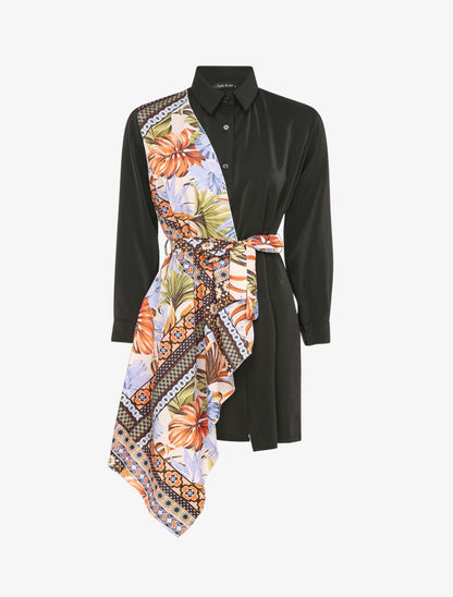 Robe chemise à pan asymétrique imprimé foulard - Noir - 4