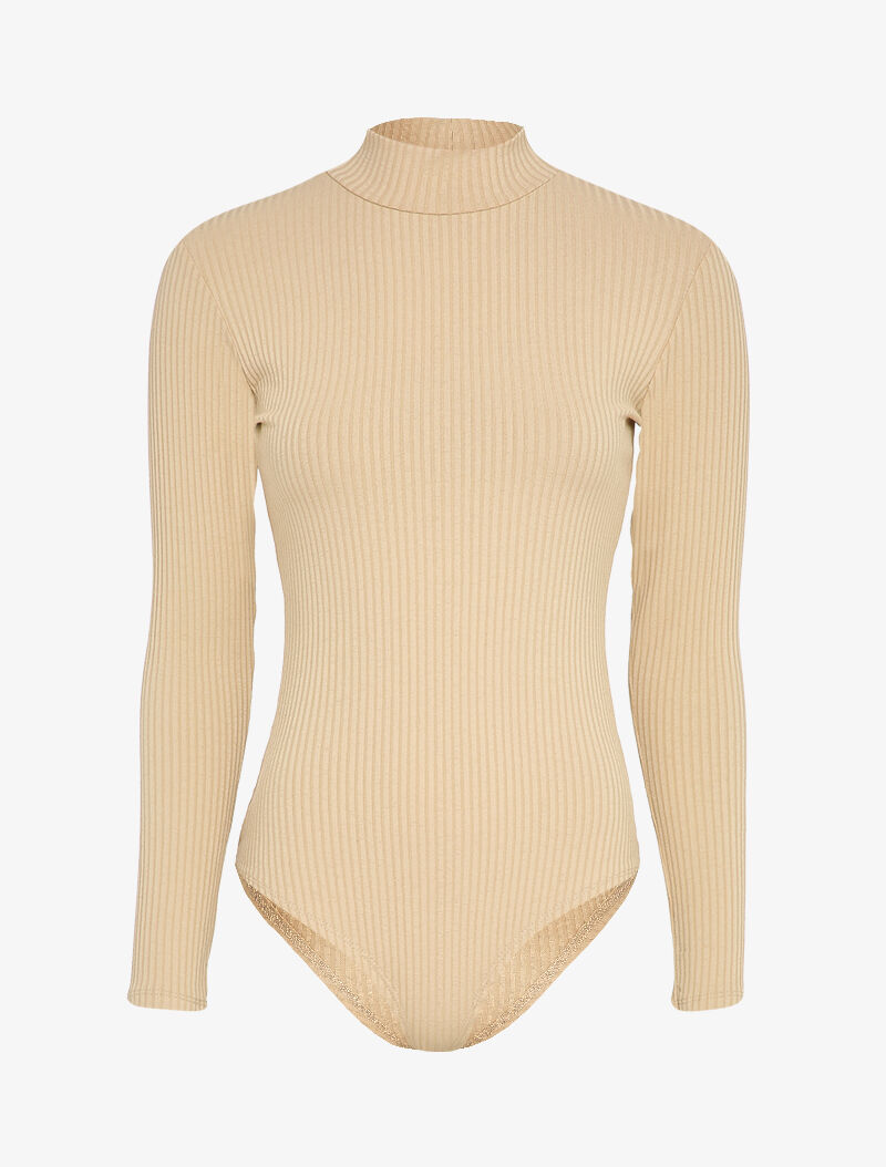 Body côtelé à col montant - Beige - 1
