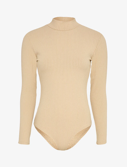 Body côtelé à col montant - Beige - 1