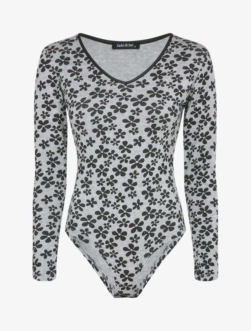 Body col V à imprimé fleurs hippies - Gris clair - 4
