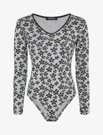 Body col V à imprimé fleurs hippies - Gris clair - 4