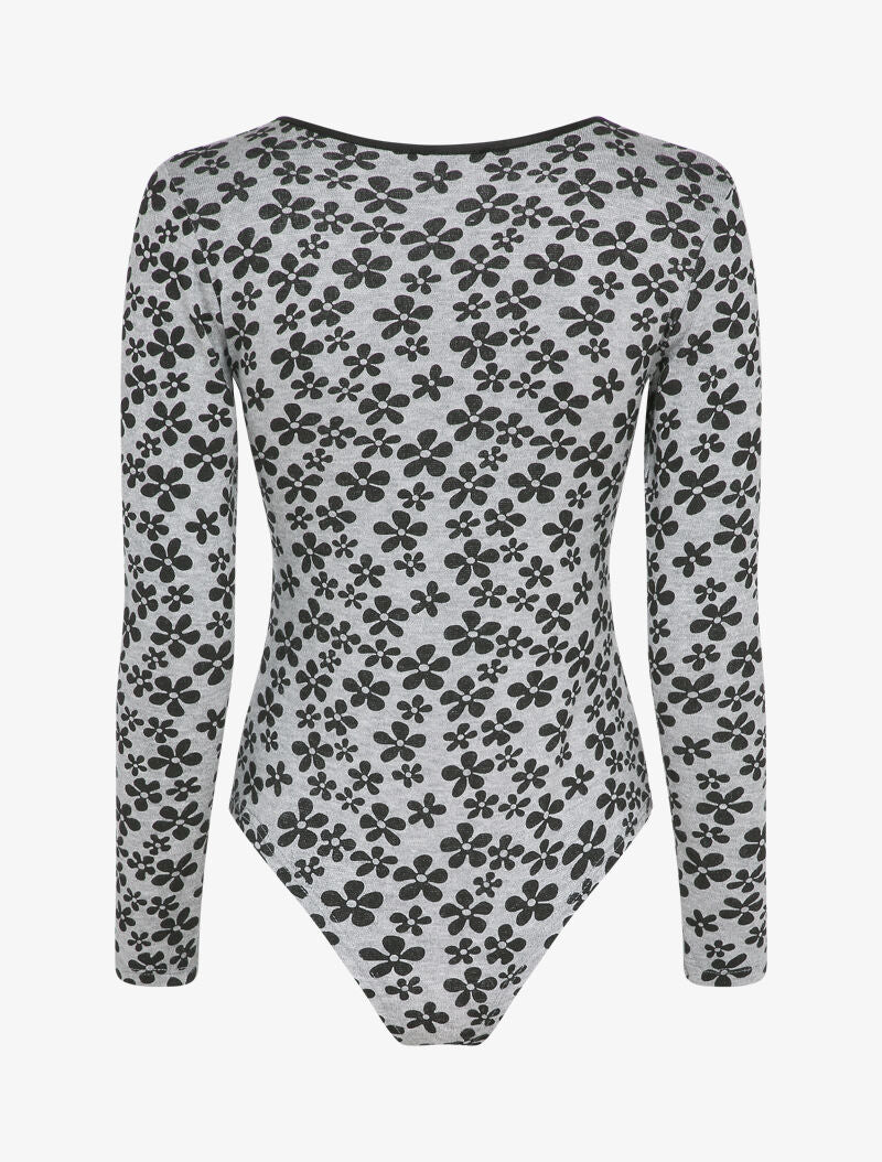 Body col V à imprimé fleurs hippies - Gris clair - 2