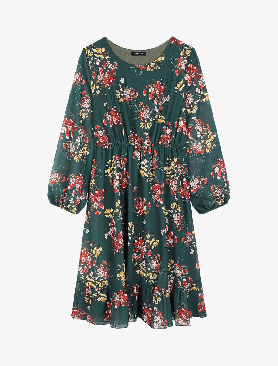 Robe à bords volantés et imprimé bouquet estival - Vert sapin - 1