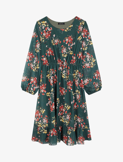 Robe à bords volantés et imprimé bouquet estival - Vert sapin - 1