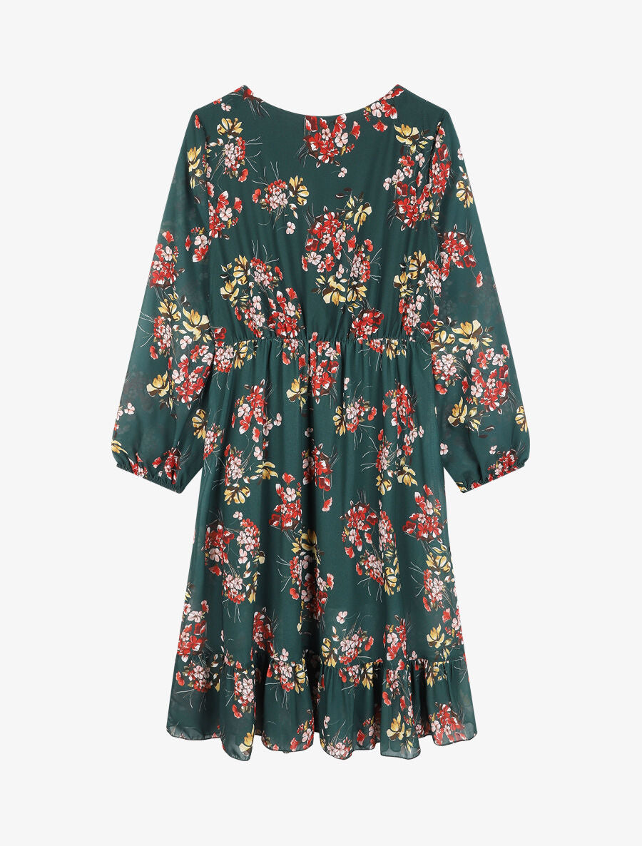 Robe à bords volantés et imprimé bouquet estival - Vert sapin - 2