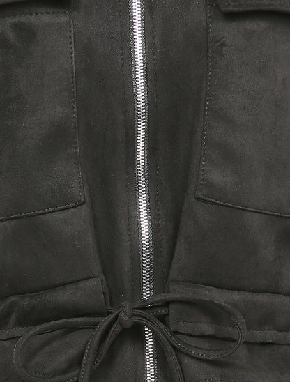 Veste courte en suédine à poches à rabat - Noir - 3