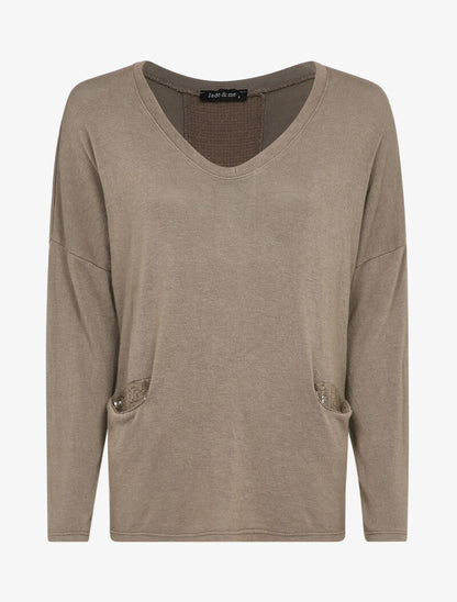 Pull fluide à poches et dos à détail sequins - Taupe - 4