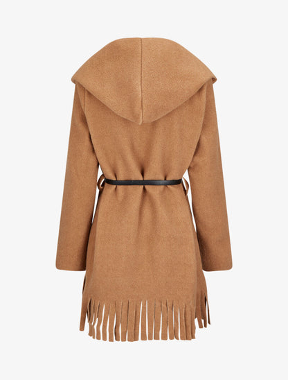Manteau à capuche à bord à franges - Camel - 2