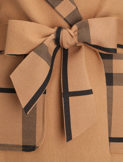 Manteau long à capuche et poches à motif tartan - Camel - 3