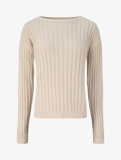 Pull uni côtelé à manches longues - Beige - 1