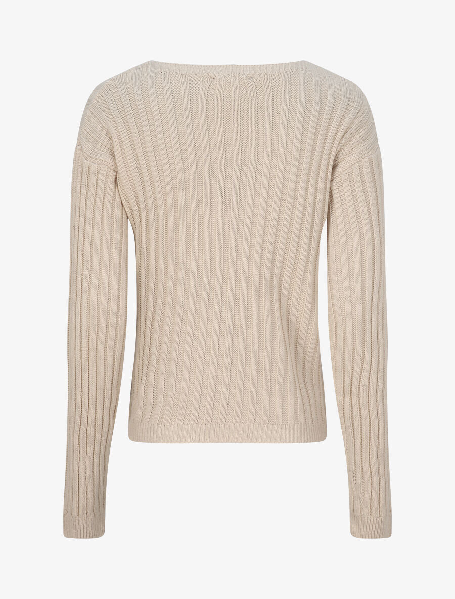 Pull uni côtelé à manches longues - Beige - 2