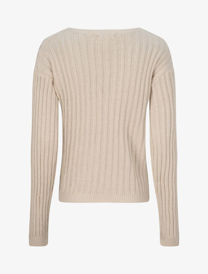 Pull uni côtelé à manches longues - Beige - 2