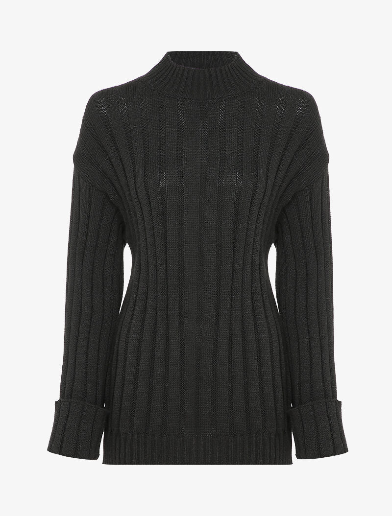 Pull oversize côtelé à manches à revers - Noir - 1