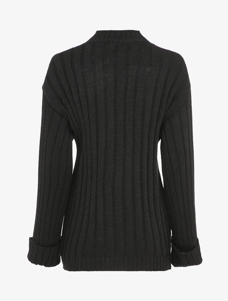 Pull oversize côtelé à manches à revers - Noir - 2