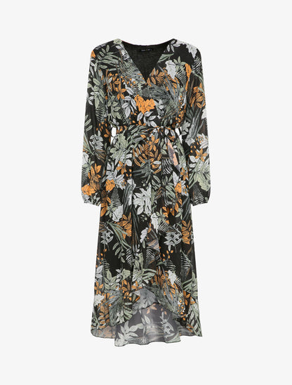 Robe cache-coeur imprimé feuilles automnales à bords volantés - Noir - 4