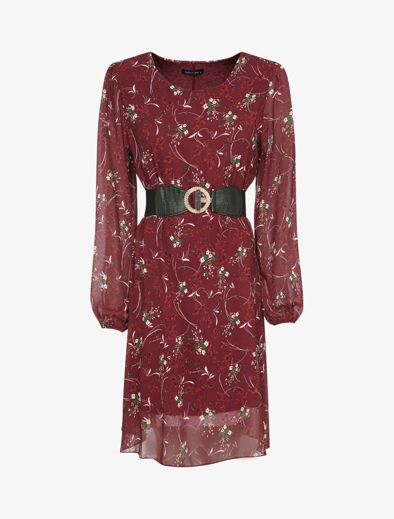 Robe droite imprimé petites fleurs à col rond - Bordeaux - 1