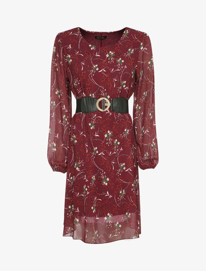 Robe droite imprimé petites fleurs à col rond - Bordeaux - 1