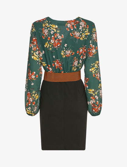 Robe cache-coeur bi-matière imprimé fleuri - Vert - 2