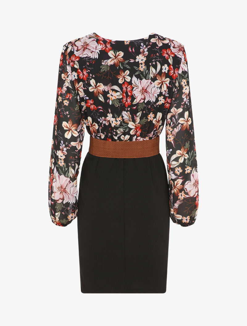 Robe cache-coeur bi-matière imprimé floral - Noir - 2