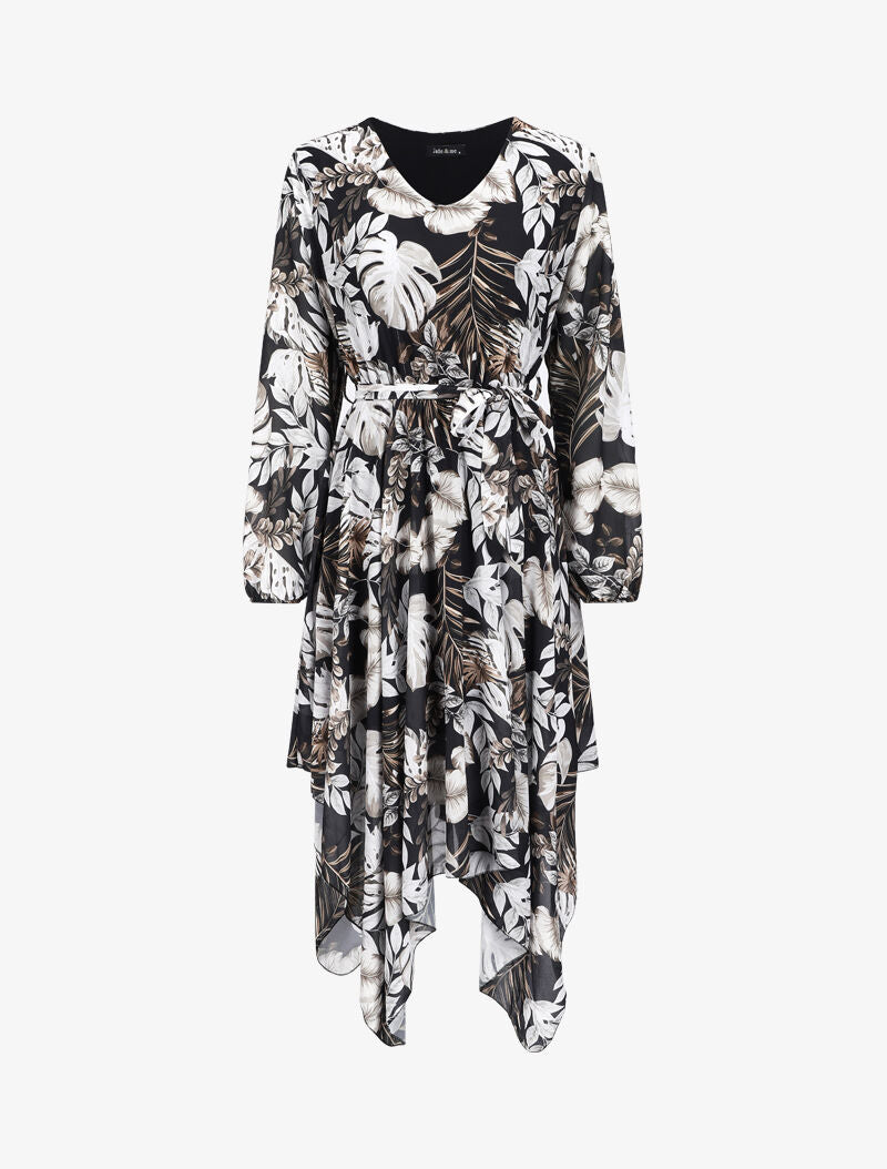 Robe asymétrique à imprimé orchidée - Noir - 1