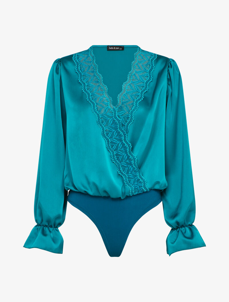 Body satiné à col cache-coeur en dentelle - Bleu canard - 4