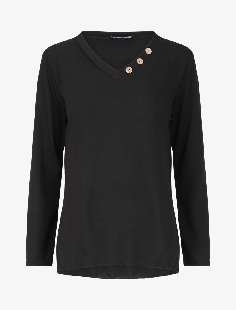 Pull fin oversize à col V à boutons décoratifs - Noir - 1