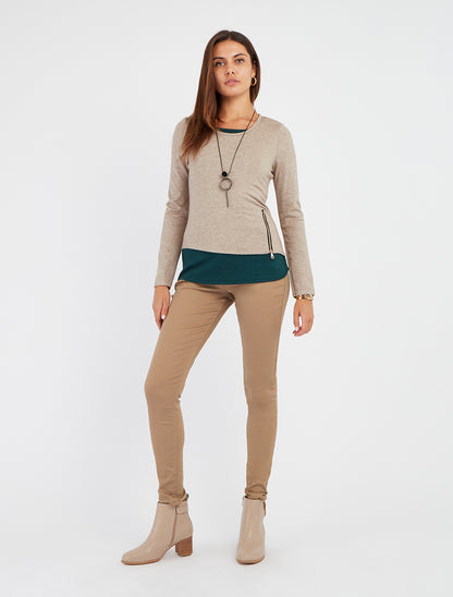 Jean skinny taille haute à poches boutonnées - Camel - 8