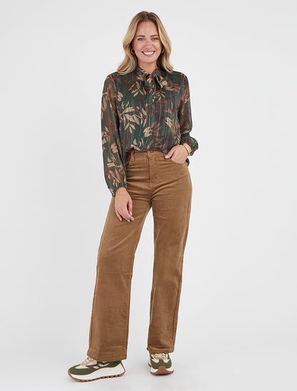 Geribbelde push-up broek met fluweeleffect - Kameel