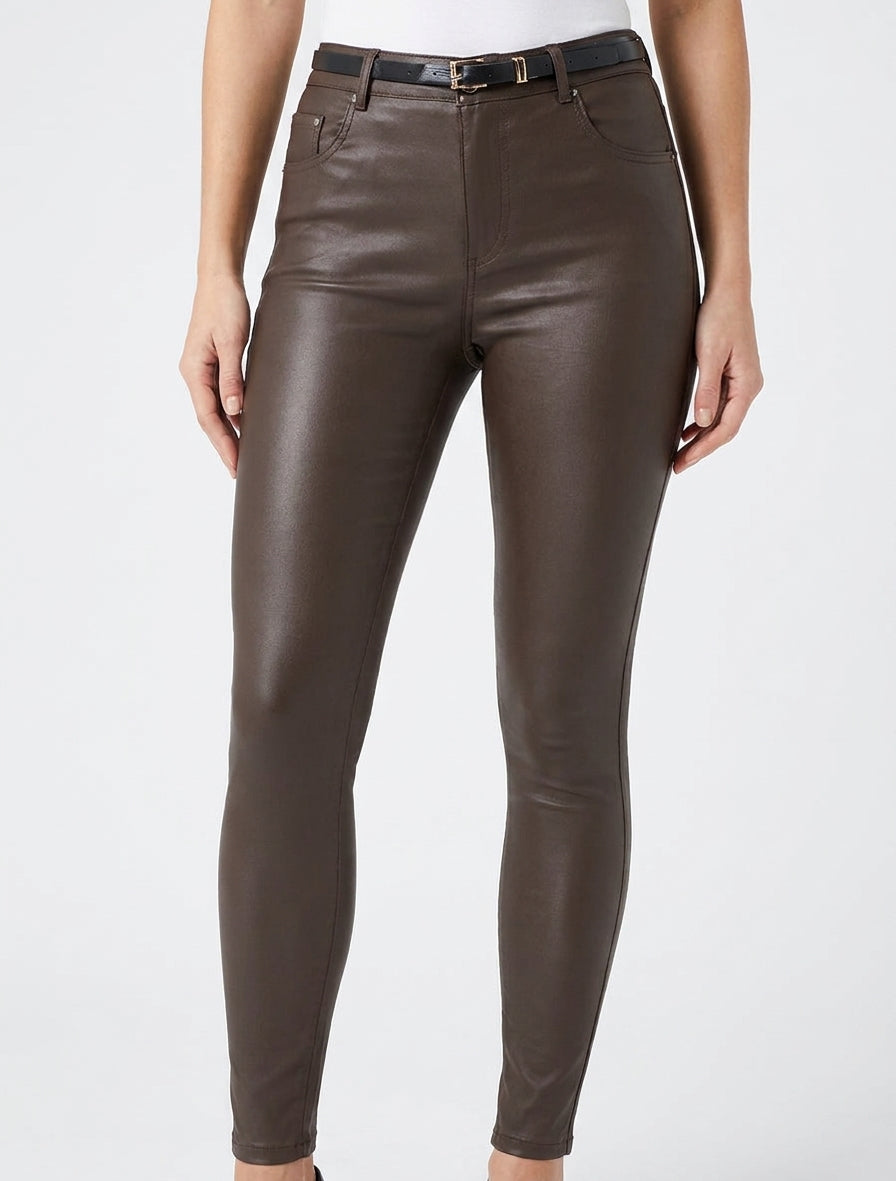 Gecoate skinny fit broek - Bruin