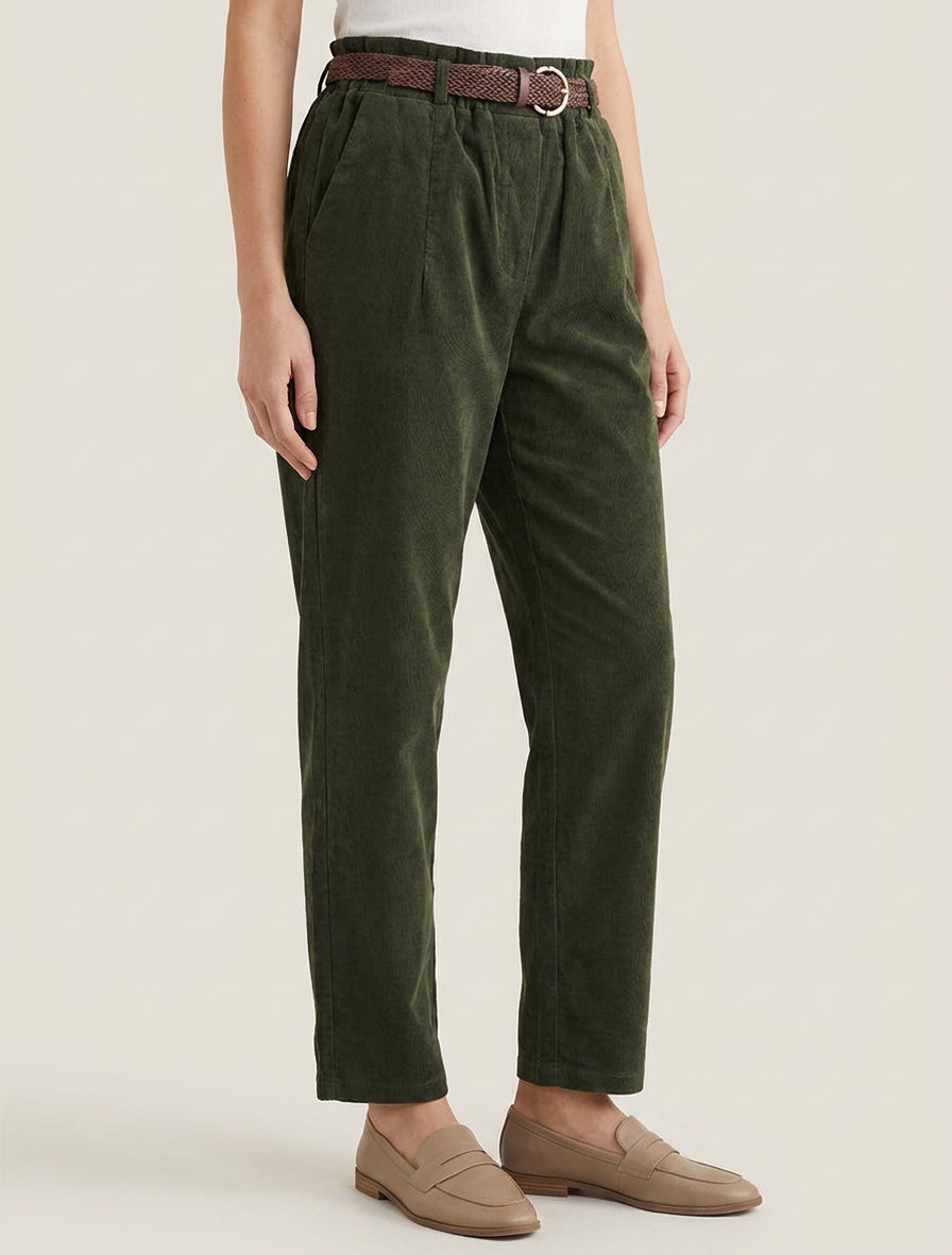 Paperbag broek in ribfluweel stijl - Kaki