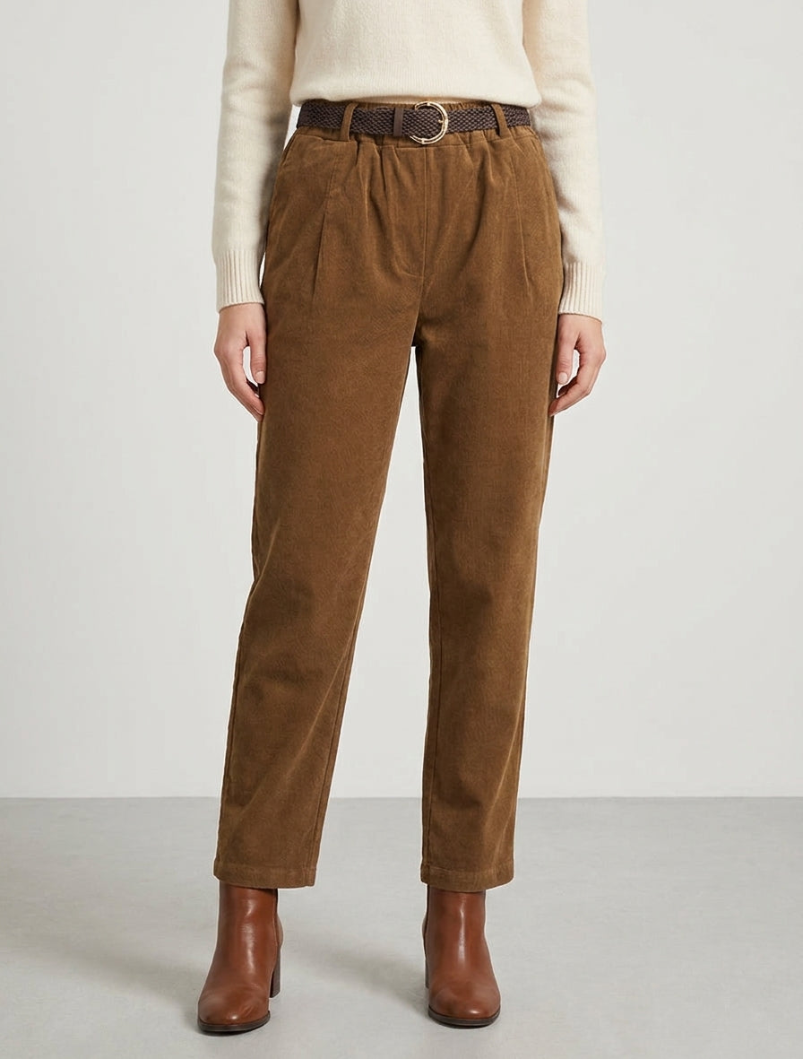 Paperbag broek in ribfluweel stijl - Kameel