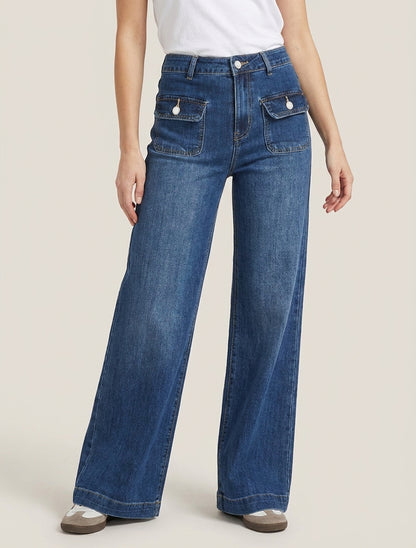 Jean met 4 zakken, wide leg snit - Blauwe denim