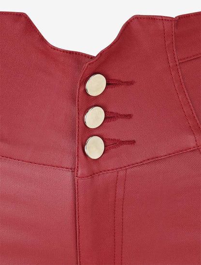 Pantalon uni en simili à 3 boutons - Bordeaux - 3