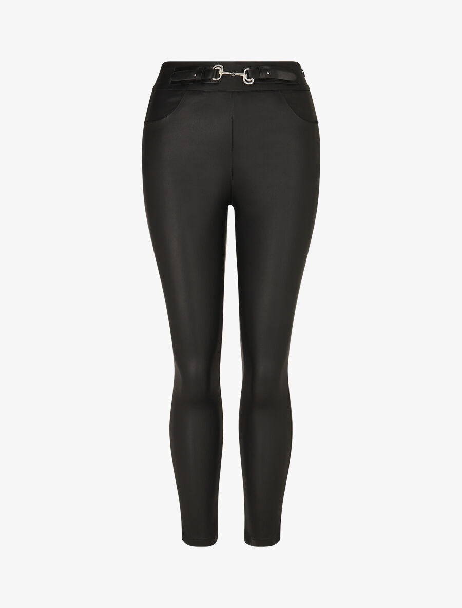 Pantalon uni en simili à détail bijou - Noir - 1