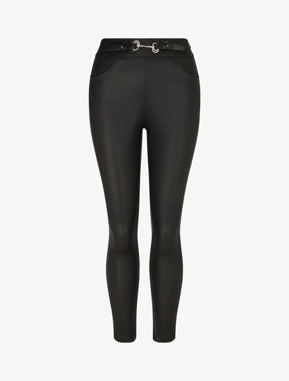 Pantalon uni en simili à détail bijou - Noir - 1