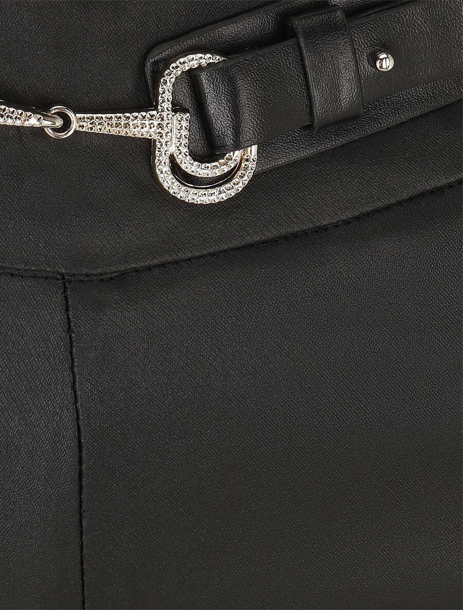 Pantalon uni en simili à détail bijou - Noir - 3