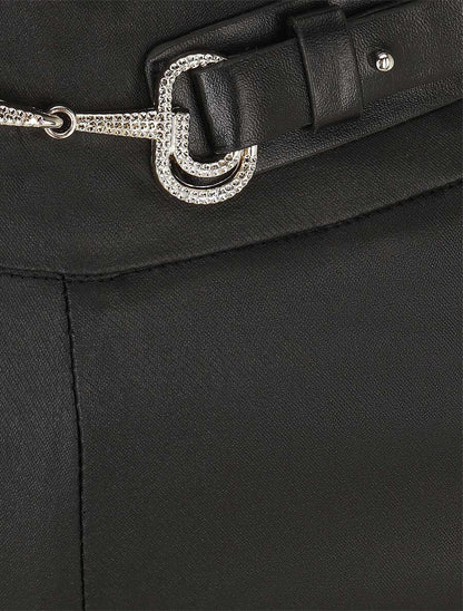 Pantalon uni en simili à détail bijou - Noir - 3