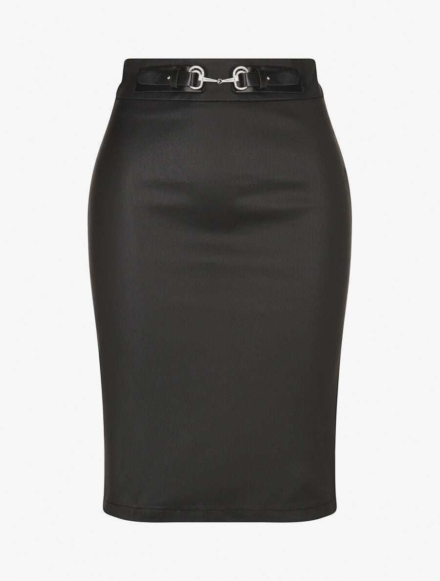 Jupe droite fendue en simili - Noir - 1