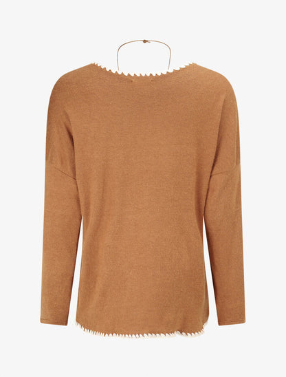 Pull fin uni à bords brodés - Camel - 2