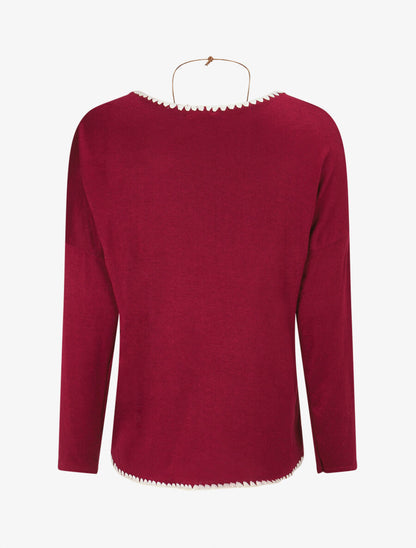 Pull fin uni à bords brodés - Lie de vin - 2